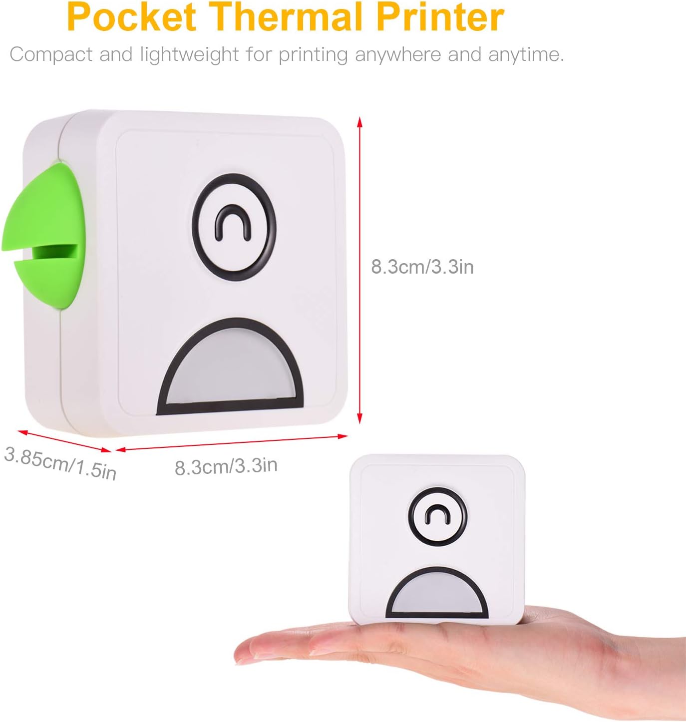 Image showing the compact dimensions of the Bisofice Poooli L1 printer: 8.3cm by 8.3cm by 3.85cm, held in a hand for scale