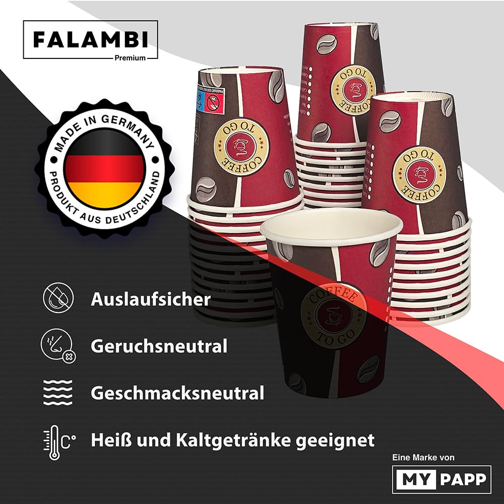 FALAMBI 1000 Stk. Kaffeebecher Coffee to go, Pappbecher 200 ml, 8oz - Made in Germany | Einwegbecher zum Mitnehmen | Papierbecher Für Heiß- & Kaltgetränke