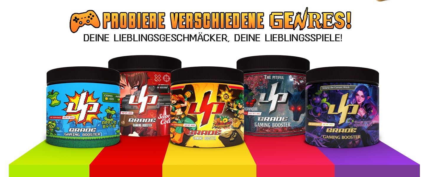 UP-GRADE Gaming Booster Bundle – Energy Drink Pulver für Fokus & Energie – 5 Sorten im Vorteils-Set – je 200mg Koffein, Vitamine & Magnesium – 5x40 Portionen (5x400g)