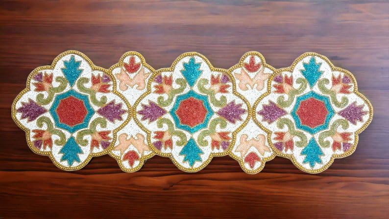 Image of Made for You Handmade Floral Beaded Multicolour Table Runner | 13x36 Inch Dining Table Topper & Centerpiece | Decorative Table Runner for Home, Living Room & Gifting (1 Piece)