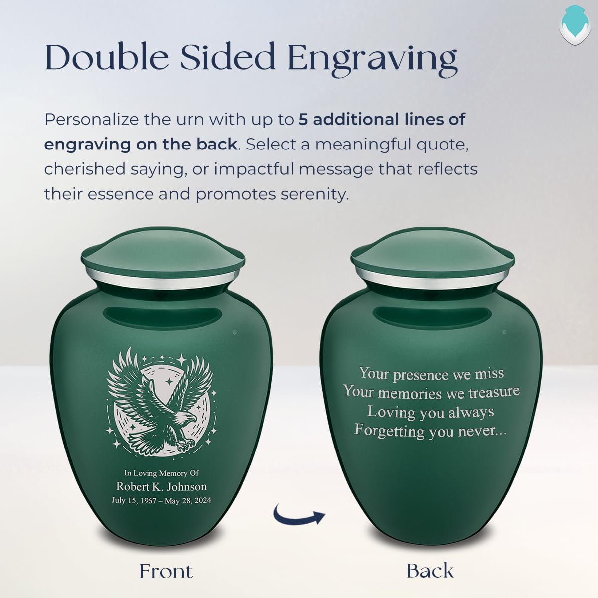 Geturns Embrace Adult Personalized Flying Eagle Cremation Urns for Human Ashes I Large Green Funeral Urn for Men and Women I 200 lbs