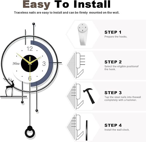 Miniatura 7 de Reloj de pared moderno, grande, decorativo, de metal, con péndulo, silencioso, sin tictac, funciona con pilas, decoración de pared para sala de