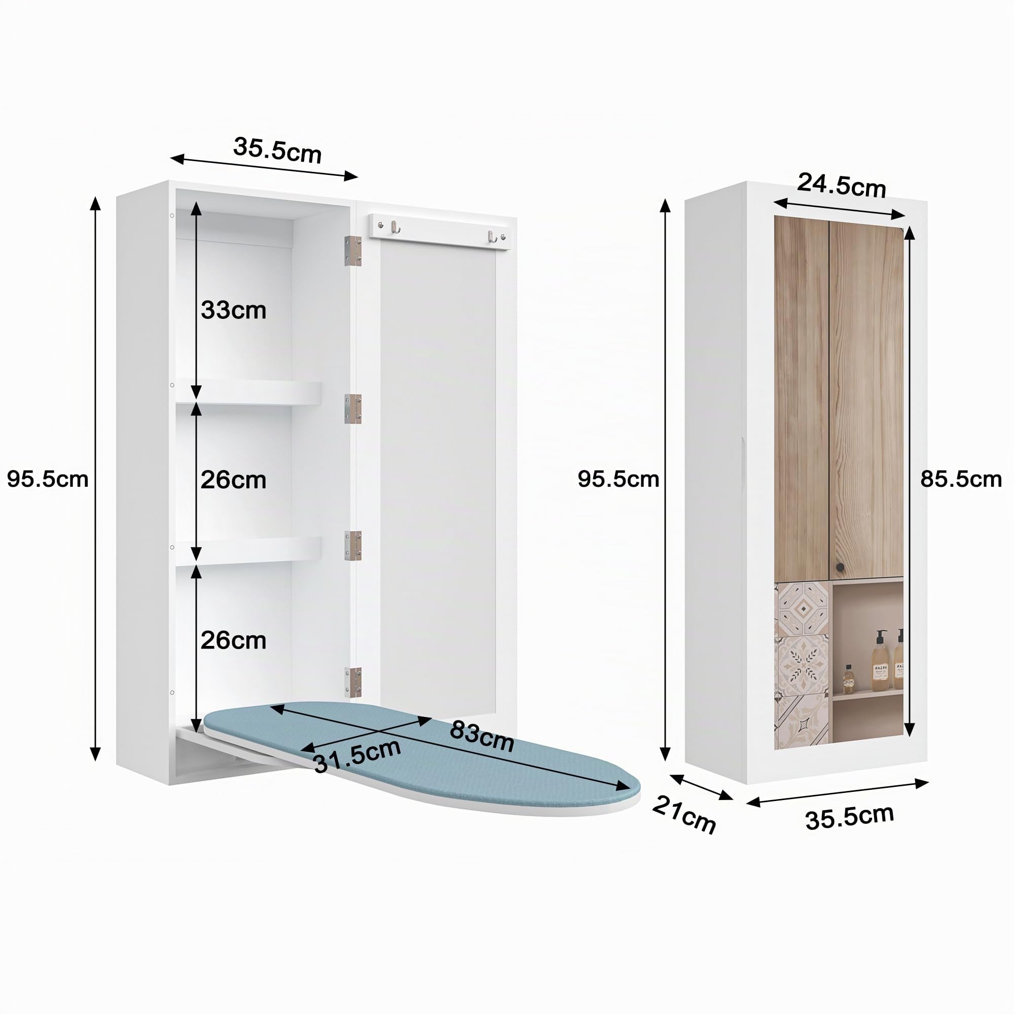 Armario para Tabla de Planchar, Armario de Almacenamiento montado en la Pared con Espejo, Tabla de Planchar con Funda giratoria de 180 Grados con Soportes de Metal