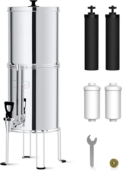 Waterdrop Gravity-fed Water Filter System, 2.25G Stainless-Steel System with 4 Filters, Metal Water Level Spigot and Stand, NSF/ANSI 42&372 Standard, Reduces Chlorine-King Tank for Emergenci