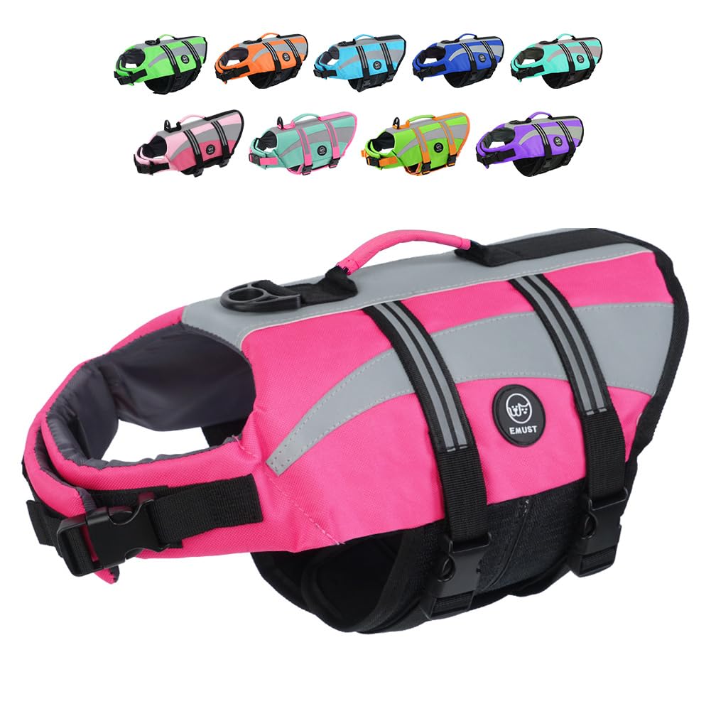 EMUST Dog Life Vests, Adjustable Dog Life Jackets for Small Dogs with Enhanced Buoyancy, Small Pet Flotation Vest with Durable Rescue Handle, Pink,XS