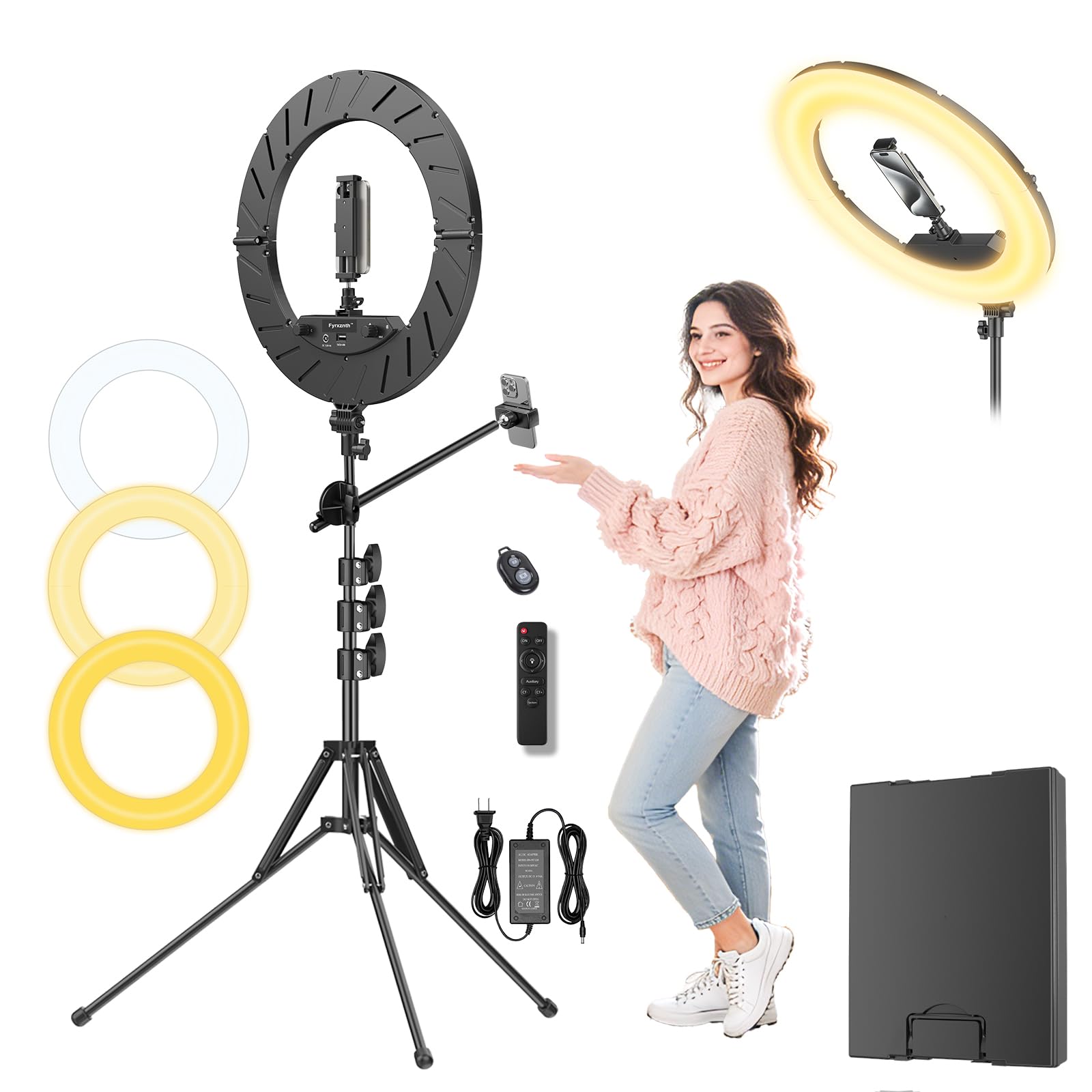 Anillo de luz de 18 pulgadas con soporte, luz LED de 55 W 6700 K, trípode de 63 pulgadas, soporte de teléfono ajustable multiángulo, para teléfonos iPhone y Android, CRI95, adecuado para