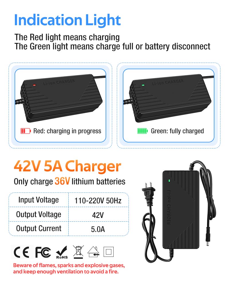 Chargeur 42 V 3 A/5 A avec 6 prises Convient pour toutes les batteries avec une tension complètement chargée de 42 V (tension nominale 36 V), y compris les batteries lithium pour tondeuse à