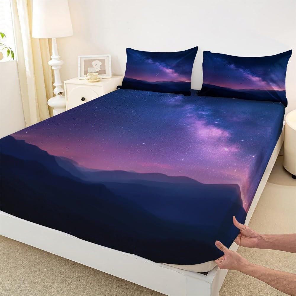 Drap Housse 200x200cm Bleu Violet Bande Élastique Réglable 2 Personnes Lit