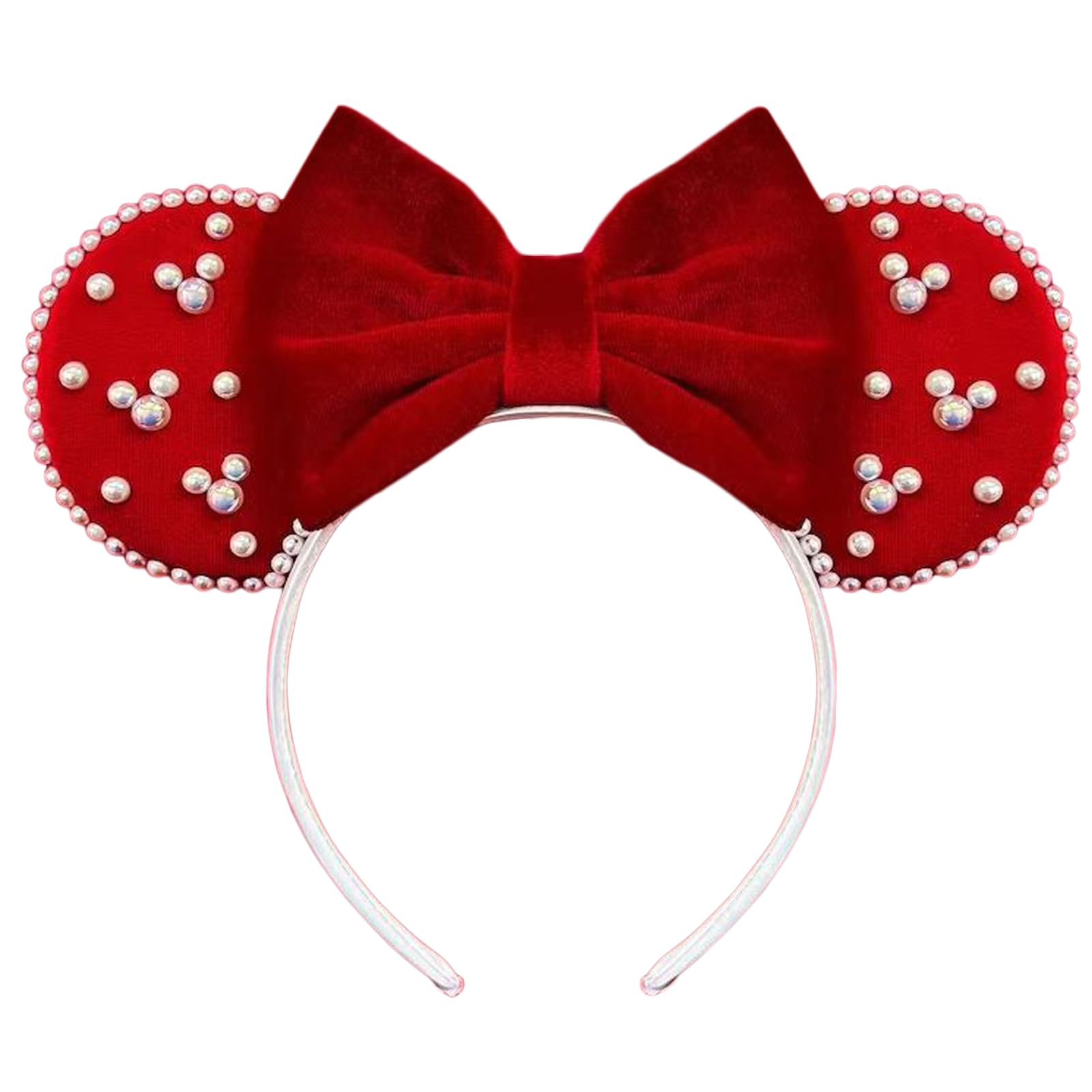 Roffiy Elegant Velvet Mouse Ears Headband with Velvet Bow & White Pearls Accents – Perfect for Birthdays, Parks, Travel & Costume Parties – Soft &