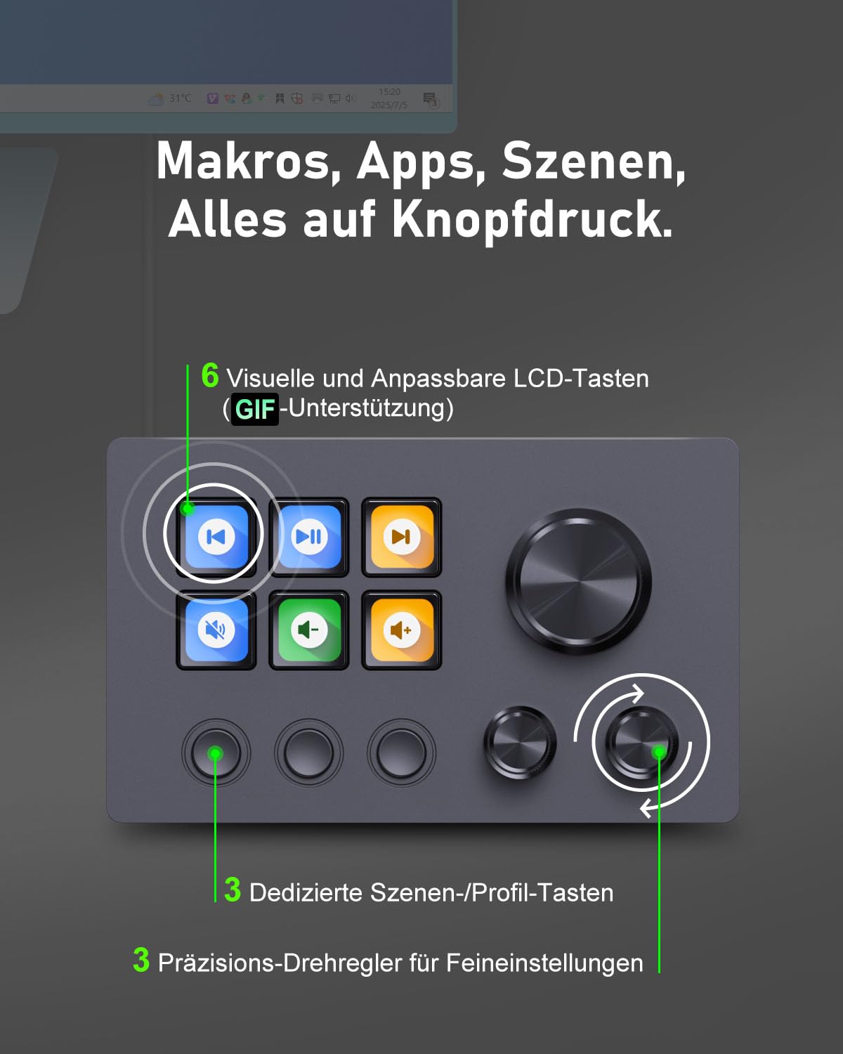 Basicolor N3 Stream Controller Deck con 6 tasti macro LCD, 3 pulsanti e 3 manopole - Tastiera programmabile per streaming (YouTube, OBS, Twitch), Creazione, Produttività (Office) e Gaming (Mac/PC)