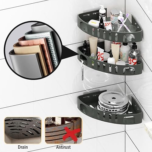 Miniatura 4 de Estante de ducha adhesivo de esquina sin taladro, organizador de baño de aleación de aluminio inoxidable con soporte de afeitado para champú,