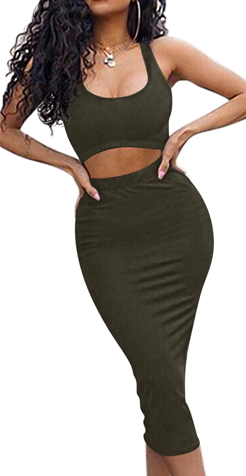 GOBLES Women's Sexy Summer Outfits Bodycon Tank Top Midi Skirt 2 Piece Dress Olive