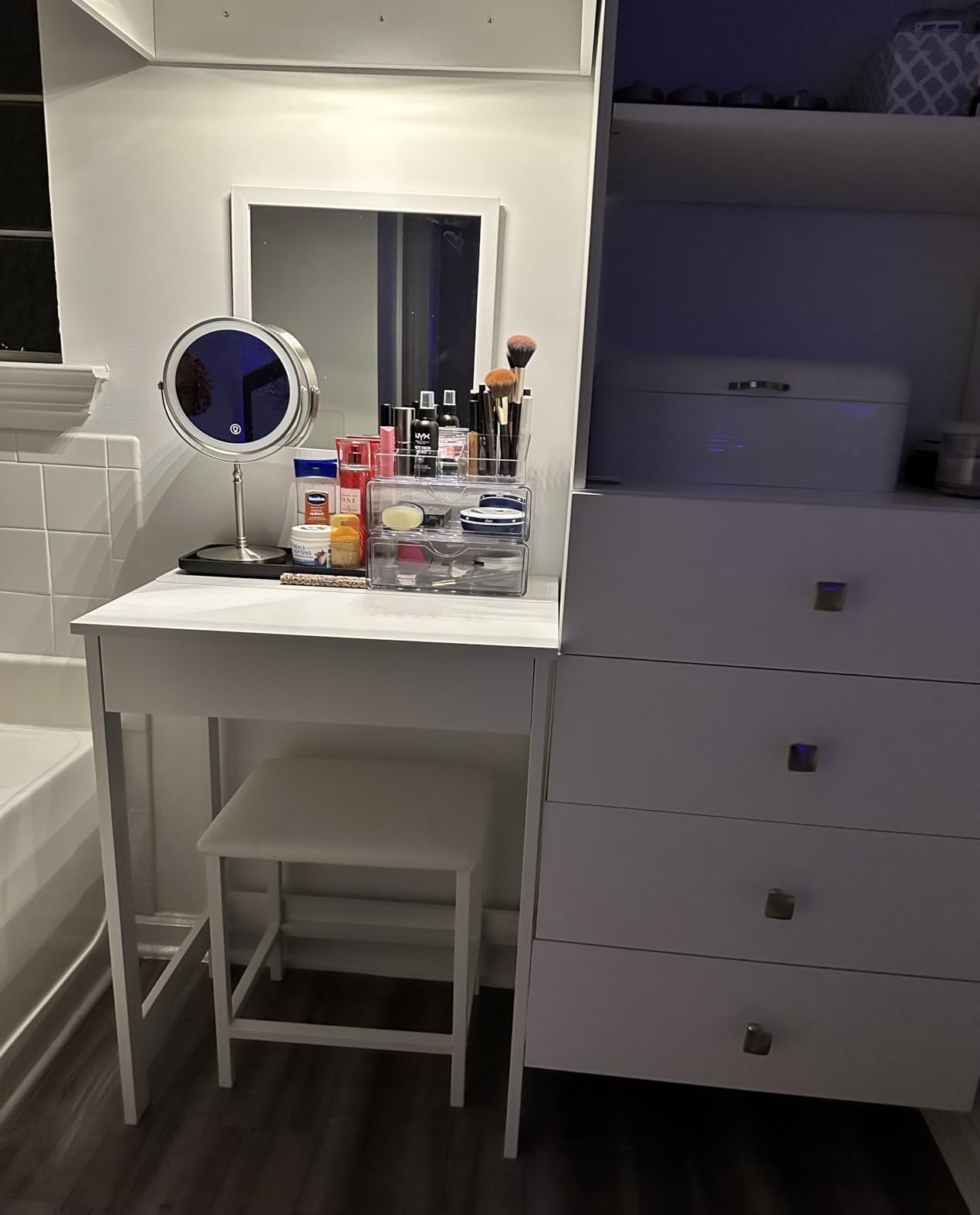 Makeup organized in clear acrylic drawers