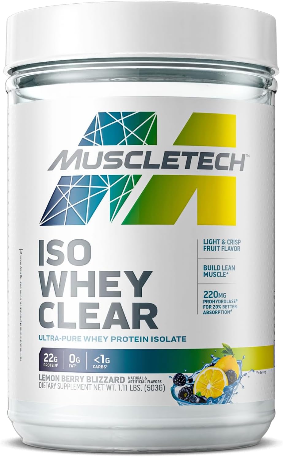 MuscleTech | Iso Whey | Ultra Pure Whey Protein Isolate | Protein & BCAAs | Muscle Growth, Muscle Strength and Rapid Recovery | Lemon Berry Blizzard | 503 grams