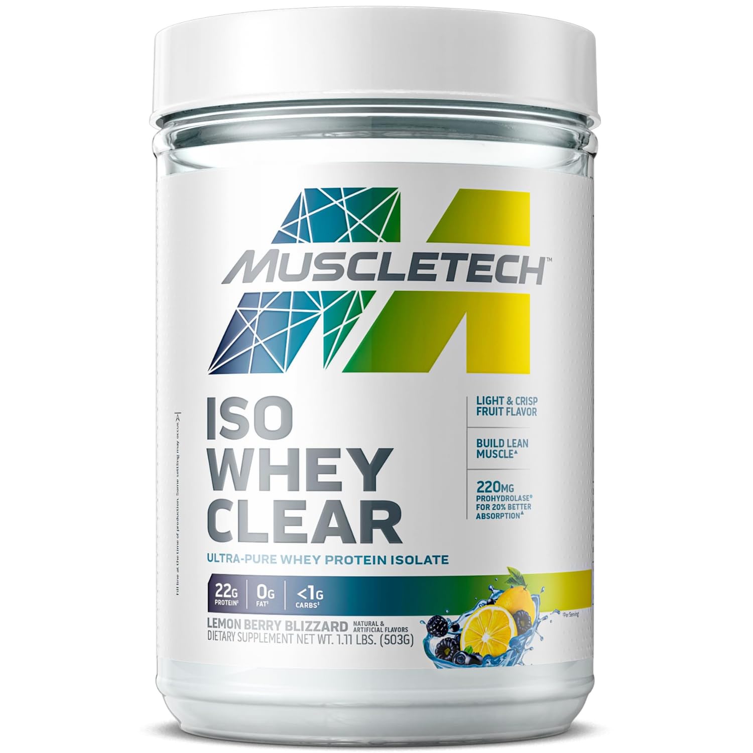 MuscleTech | Iso Whey | Ultra Pure Whey Protein Isolate | Protein & BCAAs | Muscle Growth, Muscle Strength and Rapid Recovery | Lemon Berry Blizzard | 503 grams