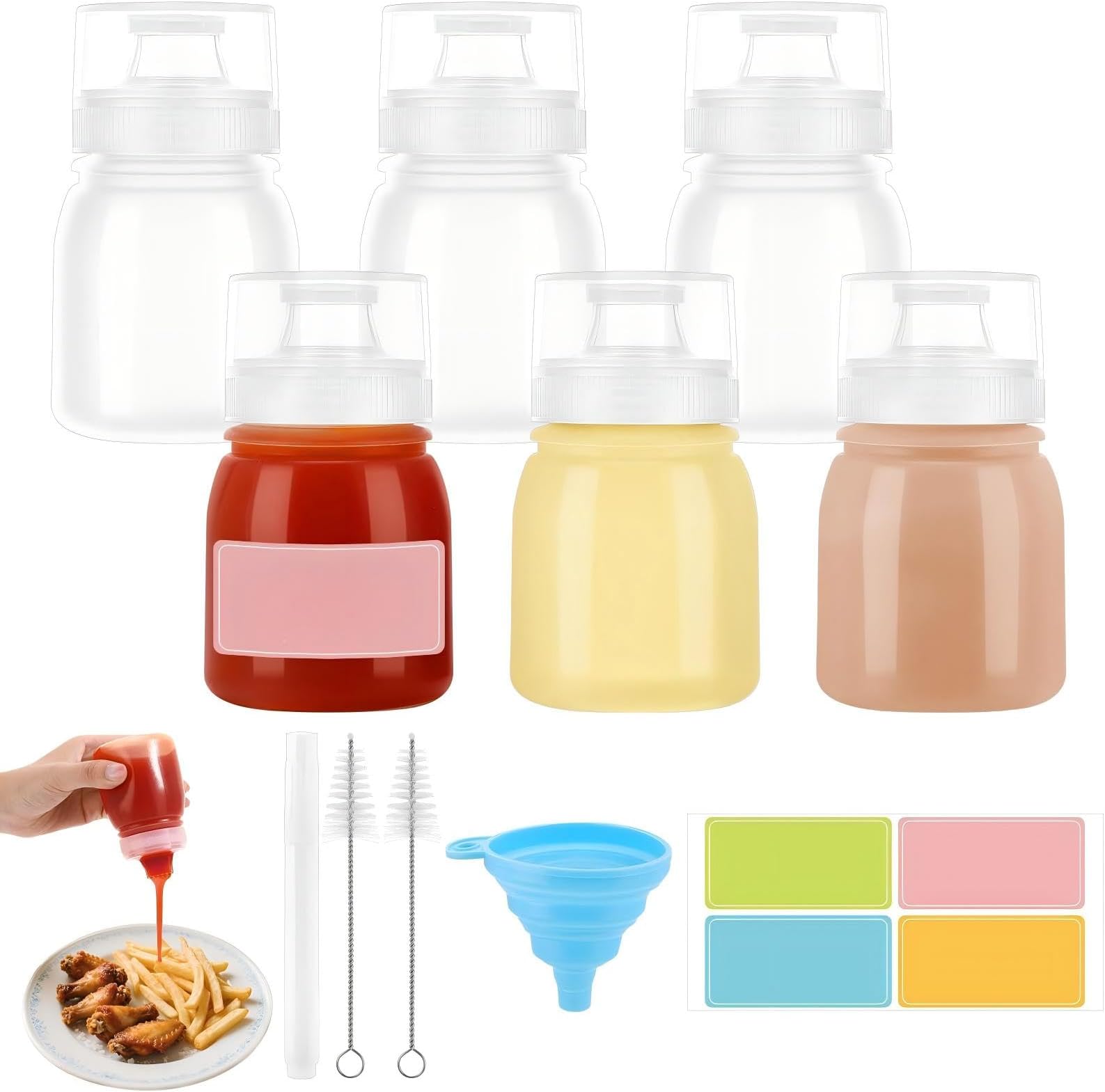 180ml Condiments Squeeze Bottles, Reusable Sauce Dispensers with Multiple Nozzle Caps, Portable Kitchen Containers for BBQ, Salad Dressing, Ketchup, Mayo, Includes Funnel, Brush, Labels & Marker