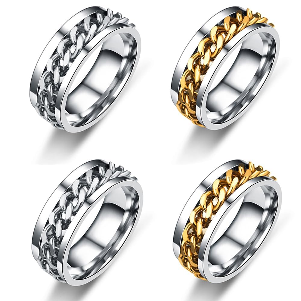 Tingz 4 Pieces Finger Rings Bottle Opener，Portable Chain Rings Corkscrew Tool Creative Gift Rotatable Chain Titanium Steel Ring（8mm，Two Colors and Sizes）