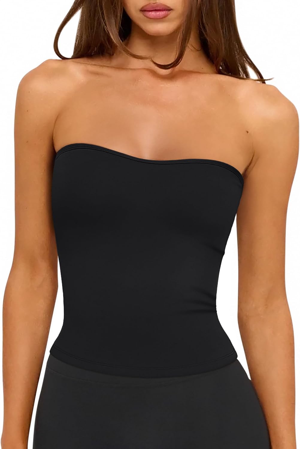 LASLULU Womens Strapless Black Tube Tops Basic Backless Sleeveless Longline Bandeau Going Out Crop Tops Cute Casual 2026 Summer Outfits(Black Large)