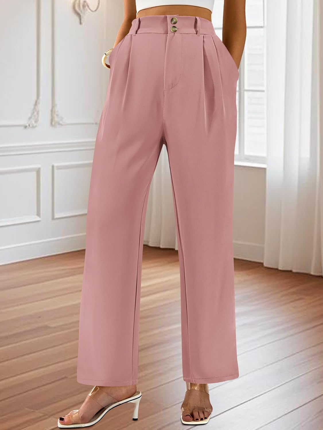 AUXDIO Womens Straight Leg Pants Casual High Waisted Stretchy Double Buttoned Trousers Work Business Dress Pant - Image 3
