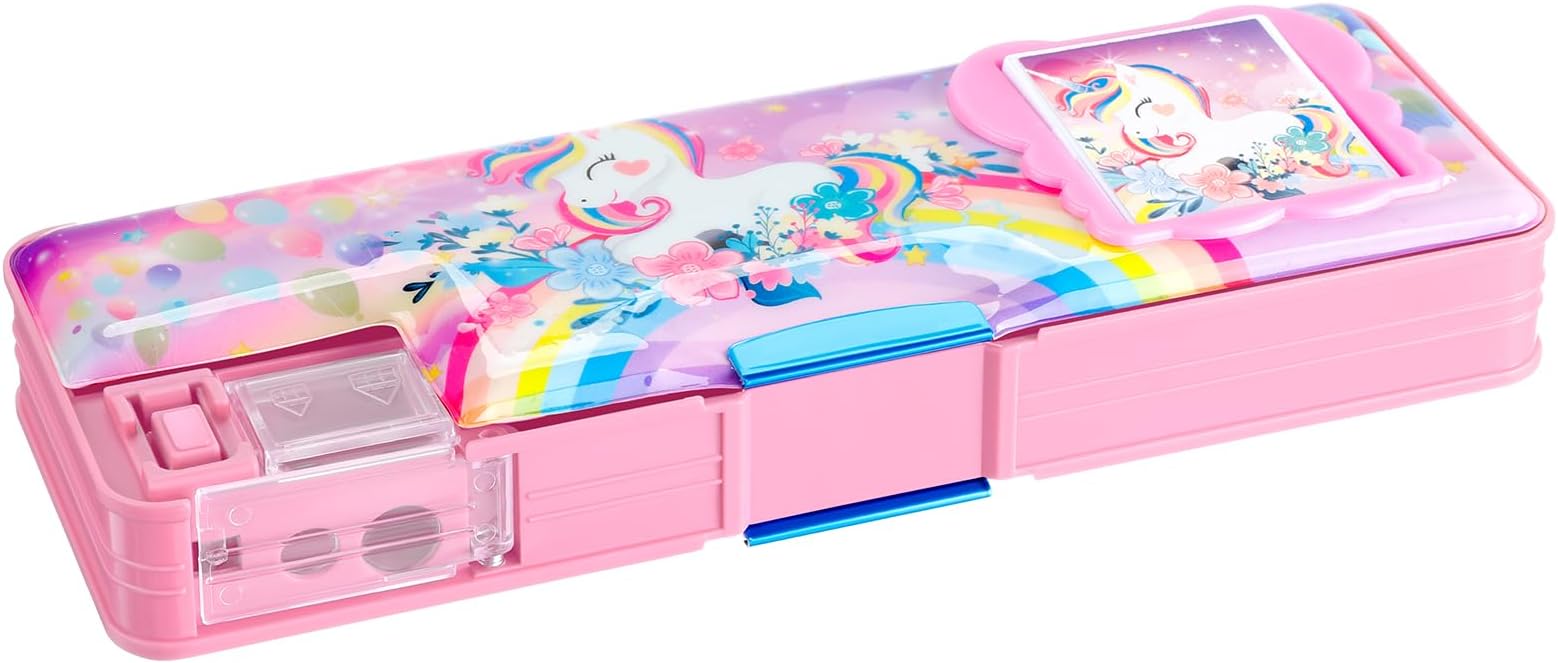 Henoyso Multifunctional Pencil Box for Girls Unicorn Pencil Case with Calculator and Sharpener Cool Cute Pencilcase School Supplies Essentials Valentine's Day Birthday Gift Present for Kids Teens