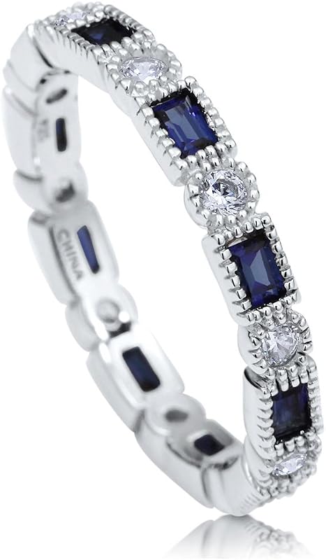 BERRICLE Sterling Silver Art Deco Rings Stackable Eternity Band Ring for Women, Sapphire-Blue Milgrain Bezel Set Cubic Zirconia CZ