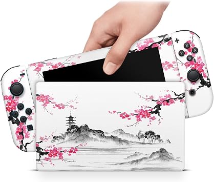 ZOOMHITSKINS Skin Compatible with Switch, Anime Japanese Temple Cherry Blossom Pink Samurai Design, Durable 3M Vinyl Decal Wrap, Precision Fit, Bubble-Free, Made in USA