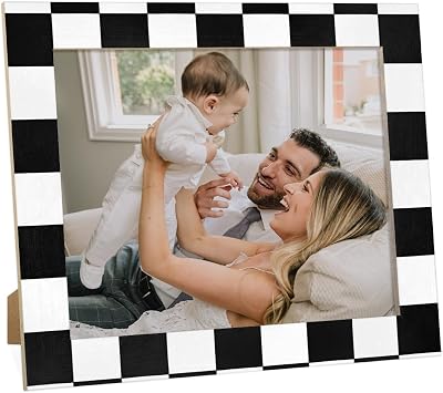 Black and White Checkered 8x10 Picture Frame,Horizontal Photo Frame 8x10, Checkered 8 by 10 Wooden Picture Frames for Horizontal Tabletop Display & Wall Home Decor