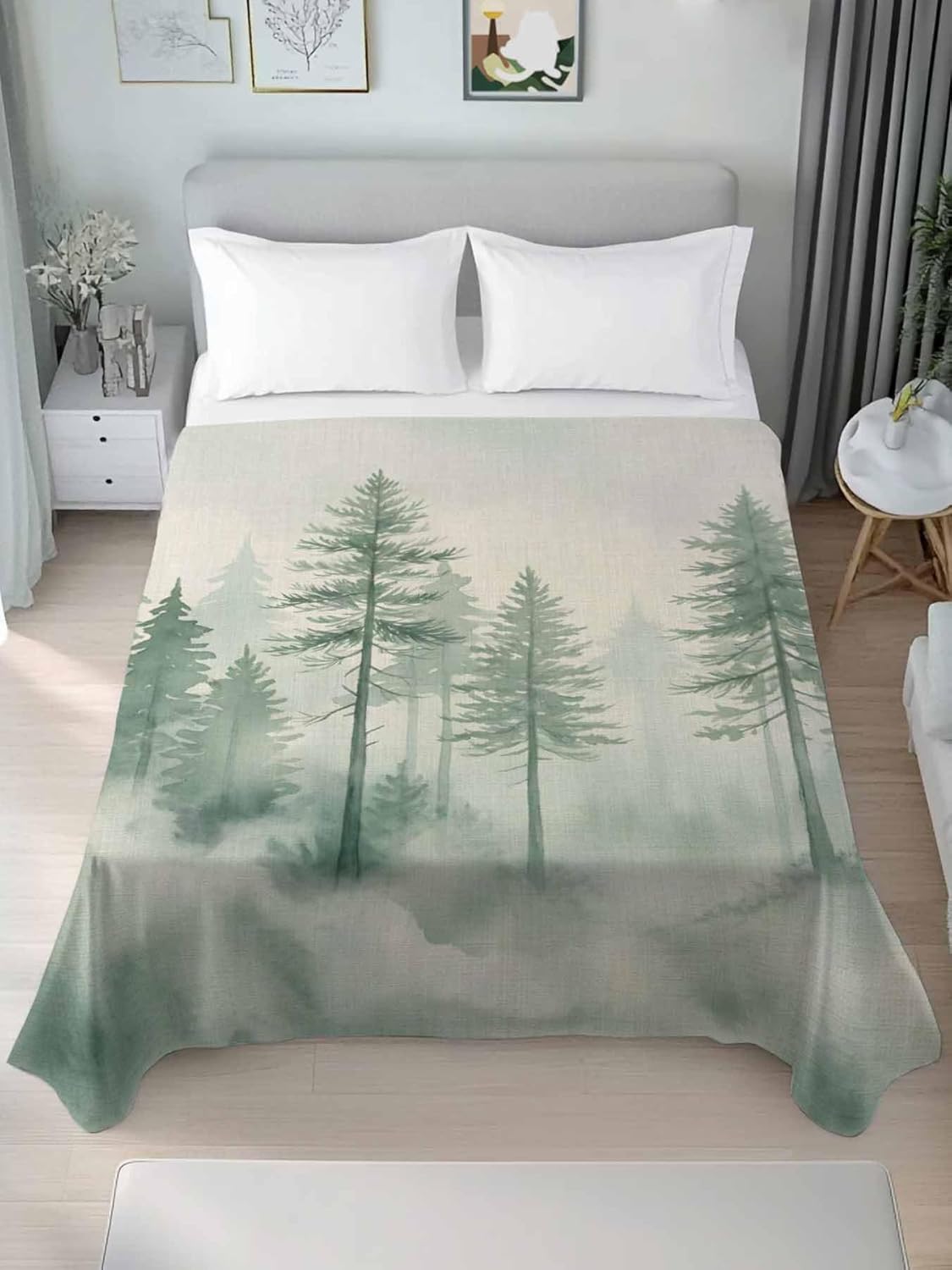 Top Sheet Full Bedding Flat Sheet Only, Watercolor Green Tree Retro Linen Microfiber Bed Sheets Soft Breathable Bedding Flat Sheets, Mist Forest Plant Hotel Luxury Top Sheets