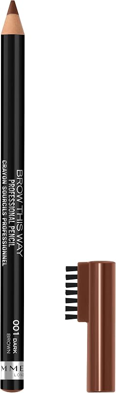 Rimmel London Brow This Way Lápiz de cejas profesional, de larga duración, altamente pigmentado, cepillo incorporado, 001, marrón oscuro, 0.05 oz