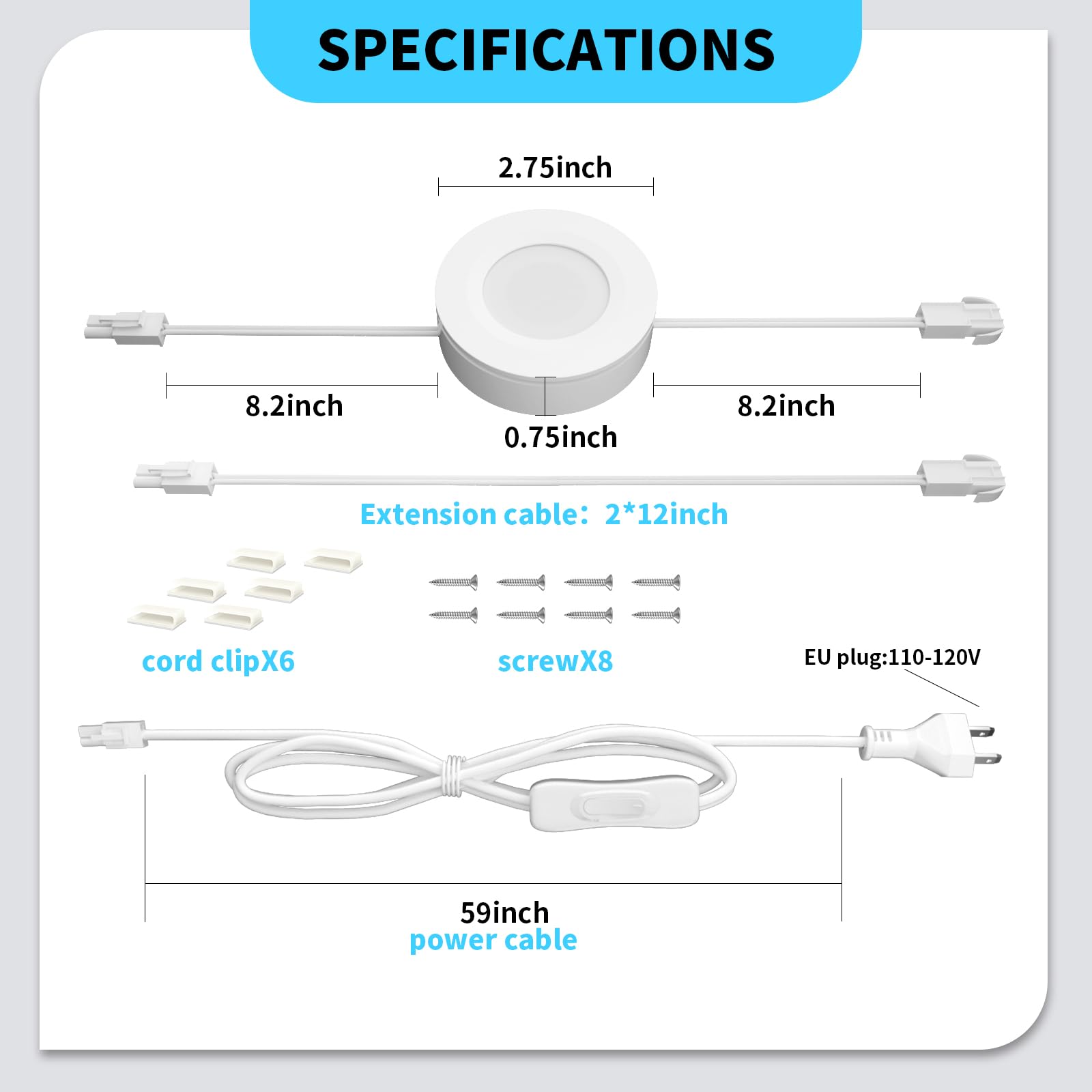 Luces cableadas para debajo del gabinete, luces LED enlazables con interruptor, iluminación debajo de la encimera para cocina, escaparate, estantería, empotrado y enchufe de pared, blanco 6000 7