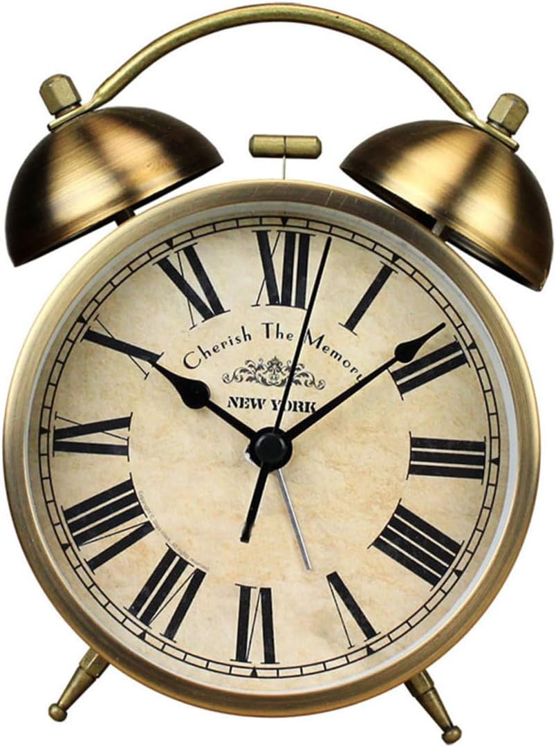 Retro Round Bell Alarm Clock Small Desktop Home Creative Vintage Roman Dial Copper Finish Silent Analog Bedroom Office Clock Without Battery