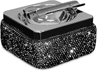 Ashtray,Stainless Steel Ashtray with Lid Bling Crystal Diamonds,Cigarette Ashtray for Indoor or Outdoor Use,Ash Holder for Smokers,Desktop Smoking Ash Tray for Home Office Decoration,Square - Black