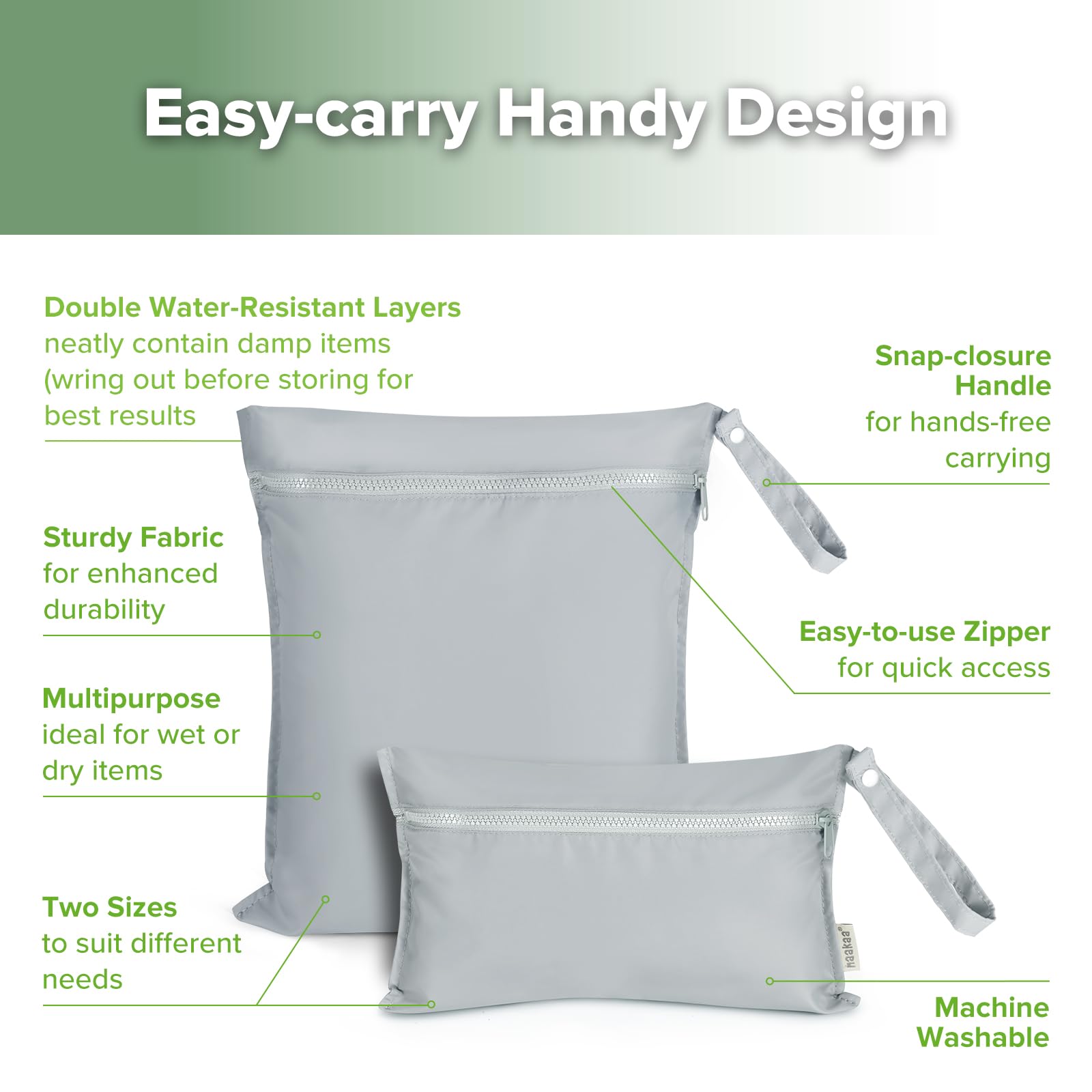 haakaa Waterproof Wet Bags for Baby Wet Dry Bags for Cloth Diaper Swimsuit & Travel, 2pcs, Grey - Image 4