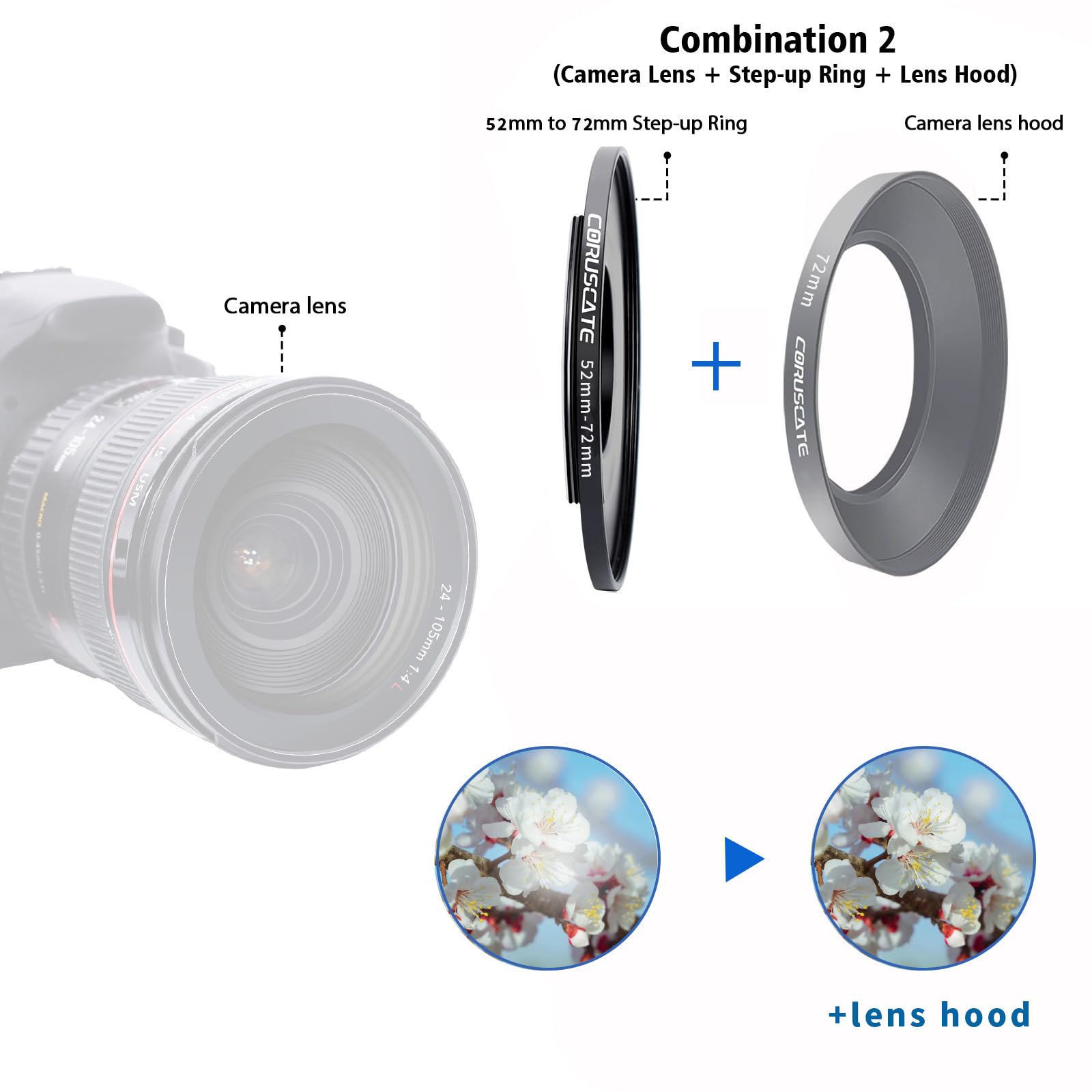Pierścień adaptera obiektywu 52 mm na 72 mm, adapter do filtra Step Up Ring kompatybilny ze wszystkimi obiektywami 52 mm z filtrem UV ND CPL 72 mm + 1 ściereczka do czyszczenia obiektywu
