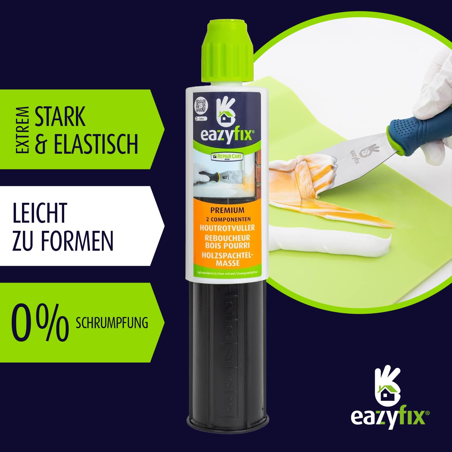 EAZYFIX Holzspachtelmasse 150 ml - Premium 2K Holzkitt - schleifbar, überstreichbar und einfach anzuwenden
