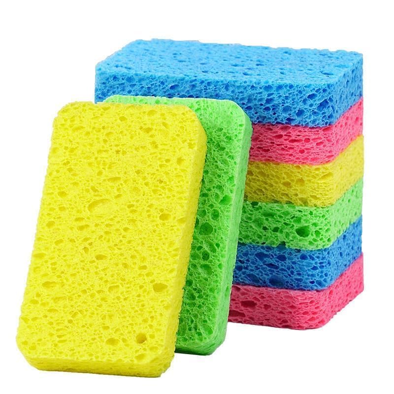 Cleaning Scrub Sponge,Non-Scratch Kitchen Cellulose Dishwashing Sponge,3Pack Extra Thickness Colored Biodegradable Natural Sponge with 3Pack Metal Scrubber-image-4