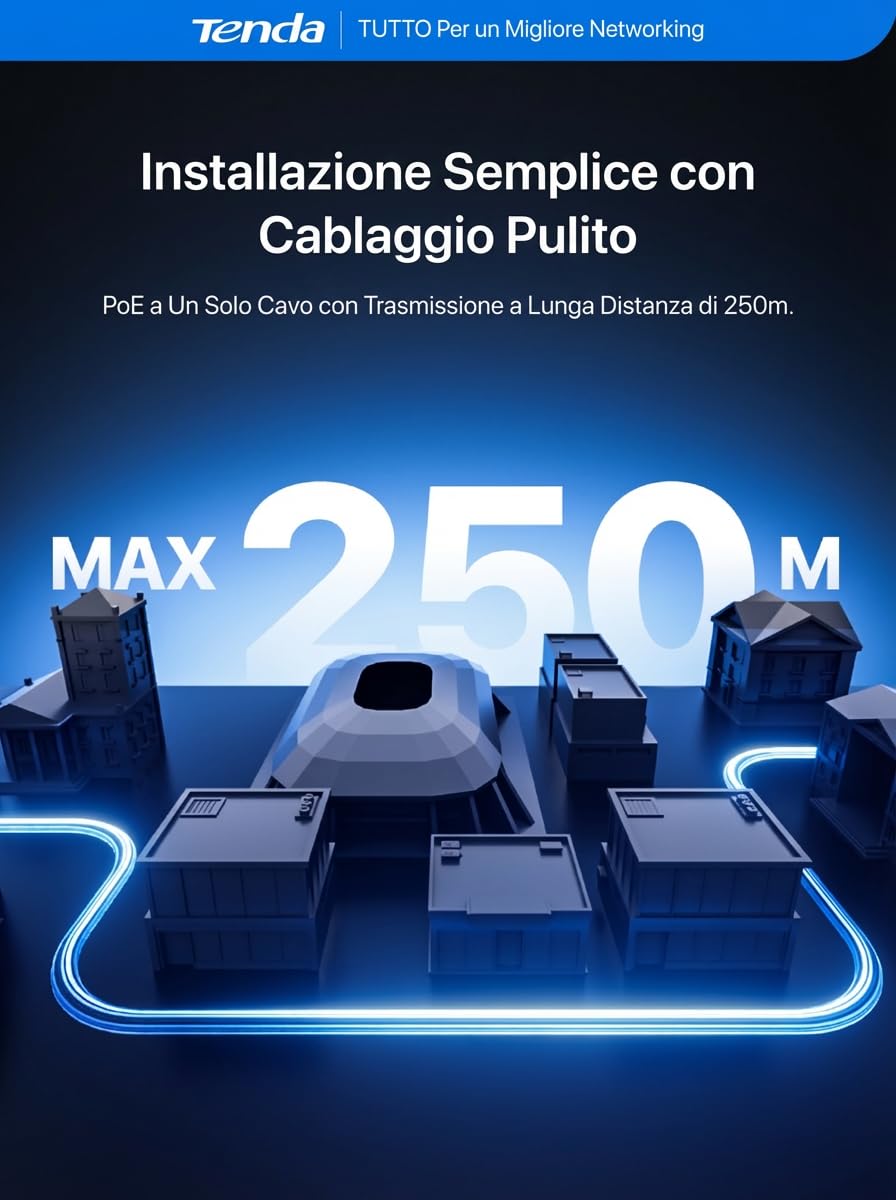 Tenda TN3108-8P NVR Sistema di Sorveglianza 4K, Trasmissione 250m, H.265+, Plug&Play, Supporto HDD fino a 10 TB (non incluso)/Archiviazione Cloud, Protezione Fulmini 4KV, App Controllo Remoto