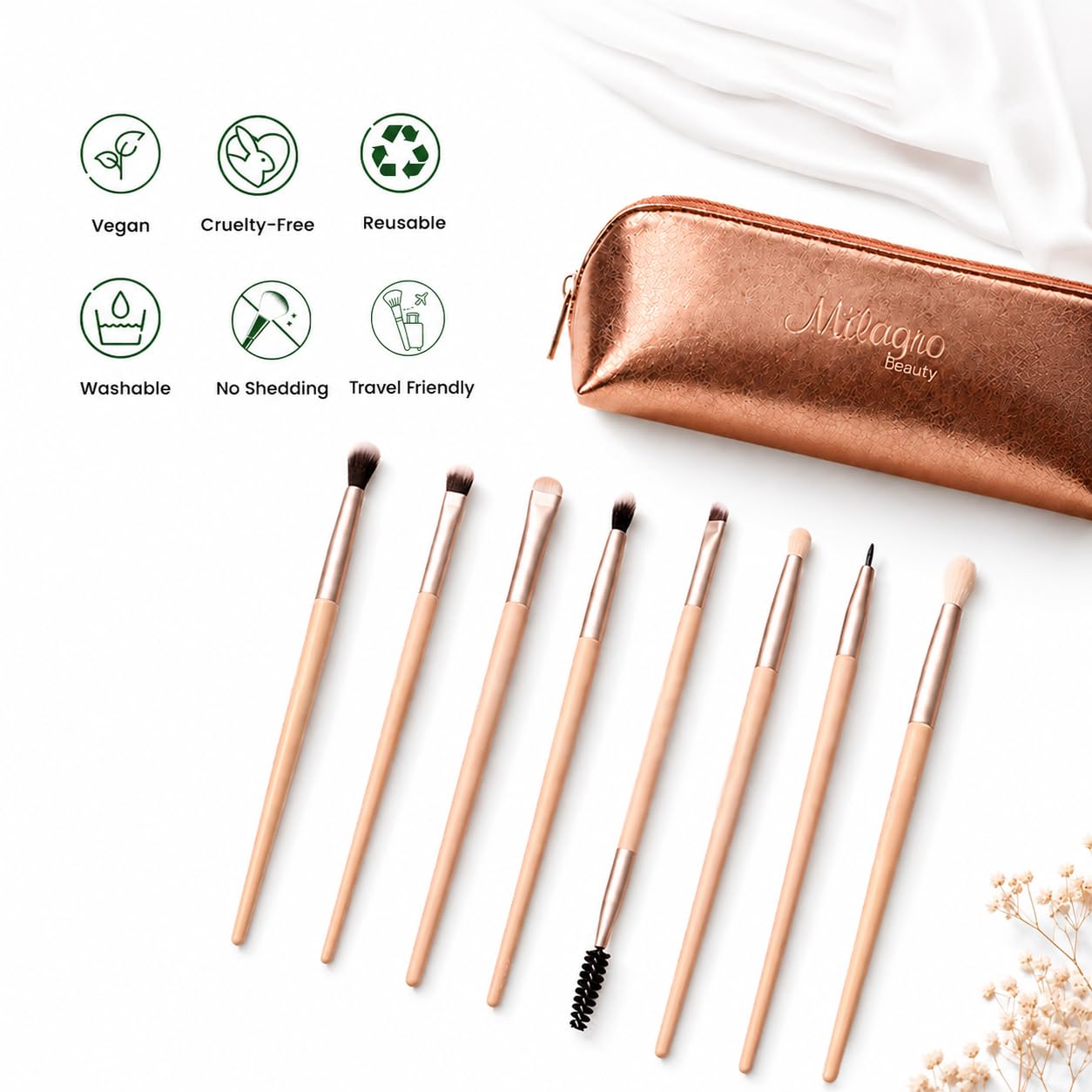 Milagro Beauty Eye Essential - Set di pennelli da trucco, include pennelli per sfumatura, ombretto, eyeliner, sfumature, pieghe grandi, matita, evidenziatore, occultamento e fondotinta, con elegante