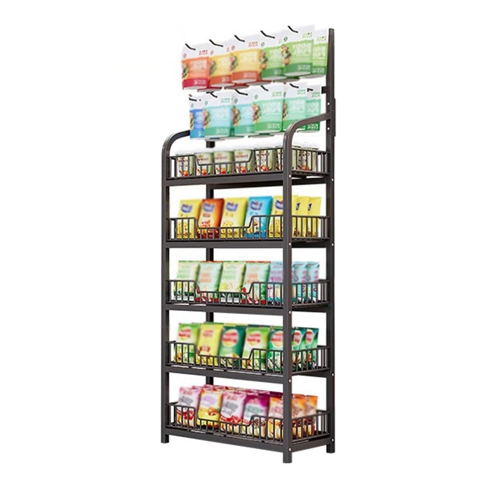 Regal für Kartoffelchips, Metall, bodenstehend, mit 10 Haken, langlebiges Stahl-Snackregal für Zuhause (Schwarz, 5 Etagen, 60 x 27 x 166 cm)