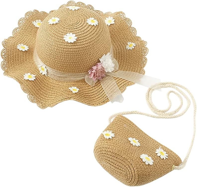 Toddler Girls Straw Hat and Shoulder Bag Set Daisy Flower Beach Cap Wide Brim Summer Sun Hat Foldable Visor Hat and Purse Dark Khaki