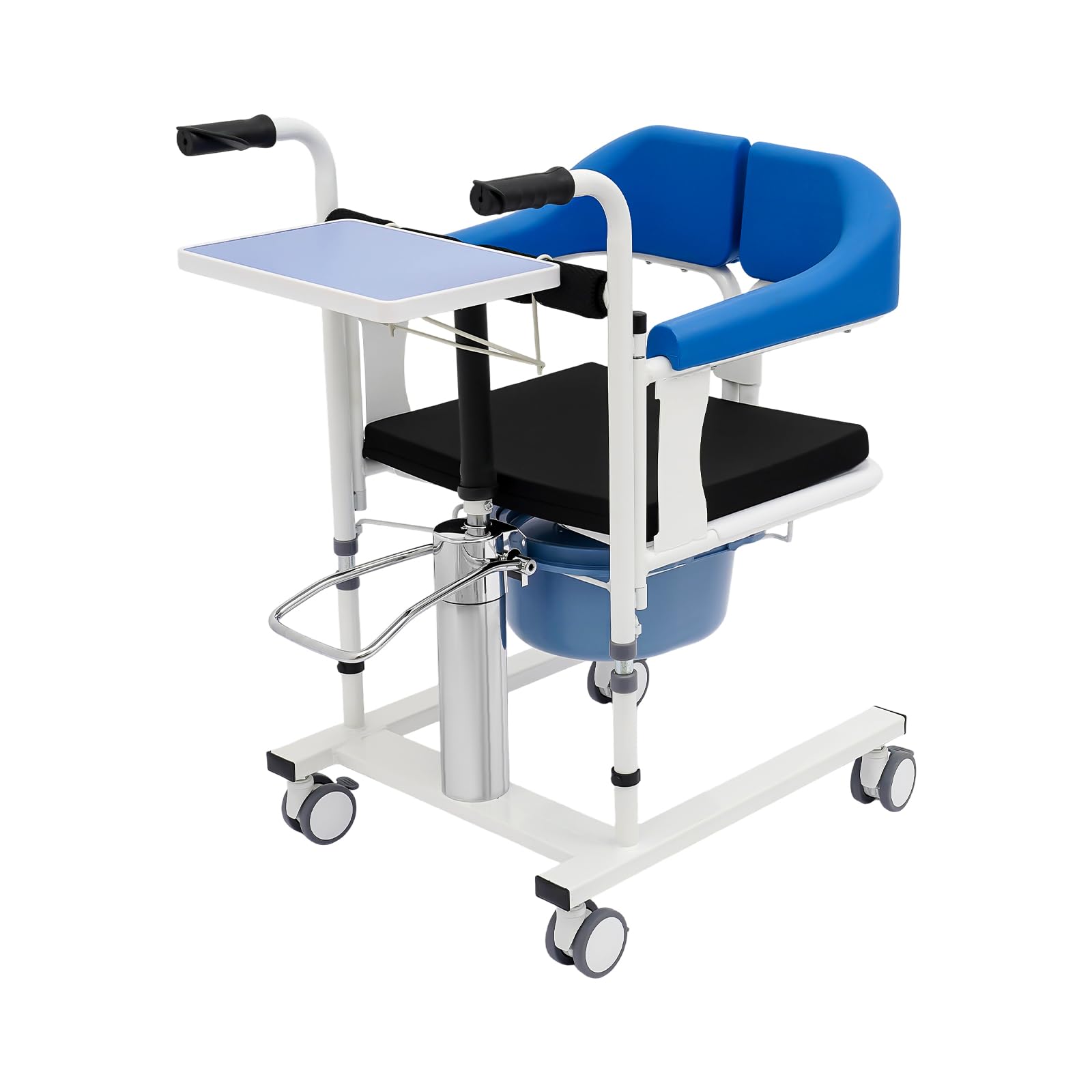 Sollevatore idraulico per pazienti, fino a 100 kg, altezza regolabile da 42 a 60 cm | Quattro ruote in TPE con freni e secchio rimovibile, schienale pieghevole a 180°, per anziani disabili (blu)