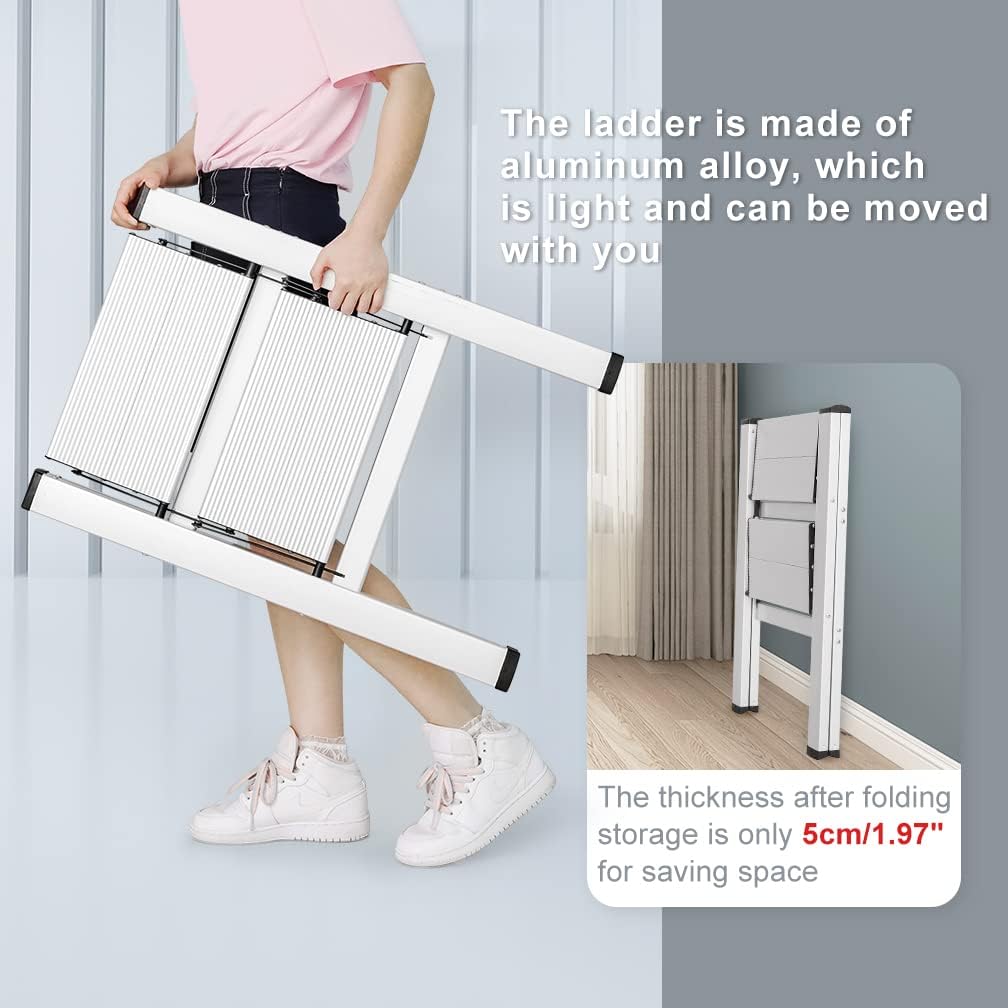 Hershii Step Ladder Folding Aluminium Step Stool Household Stepladder Space Saving Storage Shelf Rack with Wide Pedal for Home Kitchen Office Garage - Silver (2-Step)