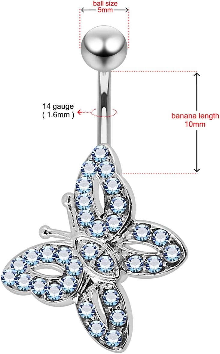 Multi Crystal Gemstone Fashion Butterfly Design 925 Sterling Silver with Stainless Steel Belly Ring - Belly Button jewelry - Navel jewelry
