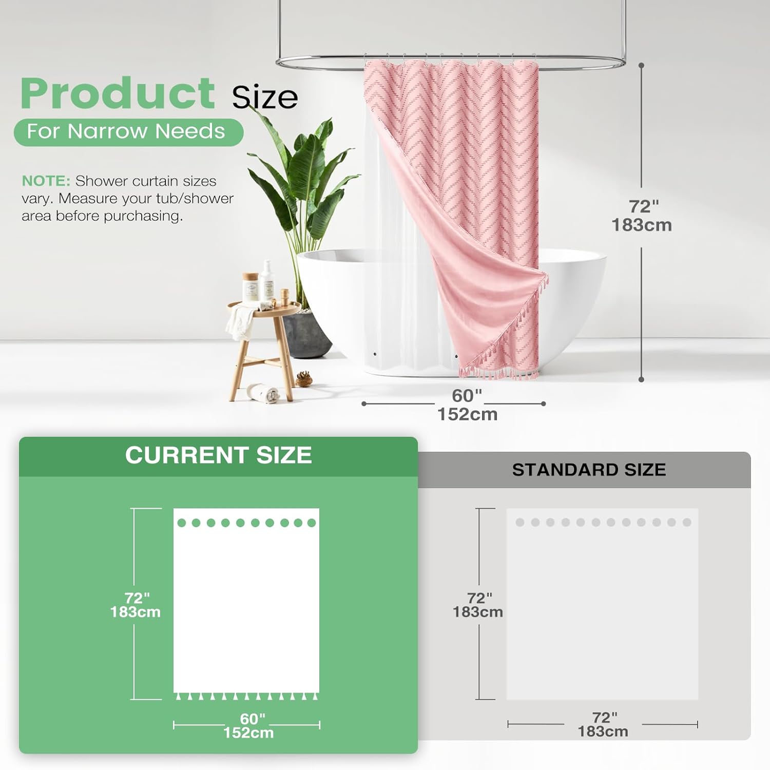 Dynamene Boho Shower Curtain and Liner Set, Tufted Chevron Textured Tassel Shower Curtains for Bathroom and Waterproof Liner with Hook, 60" W x 72" L (Pack of 1), Pink 1
