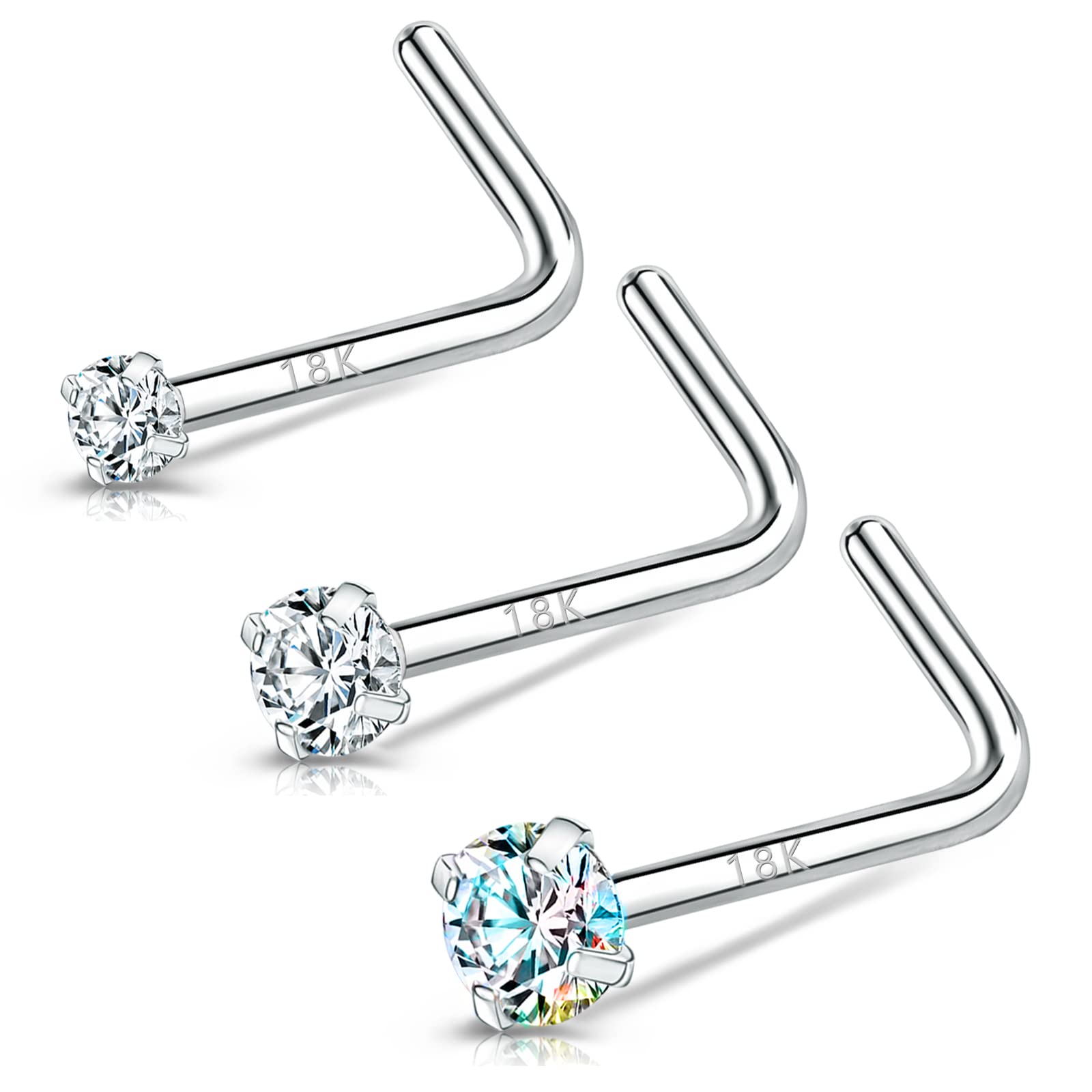 BodyAce20g Real Solid 18k Nose Rings for Women Men, 18K White Gold Nose Rings Studs, Simulated Diamond Nose Piercing Jewellery 1.5mm 2mm 3mm (B:L-Shaped)