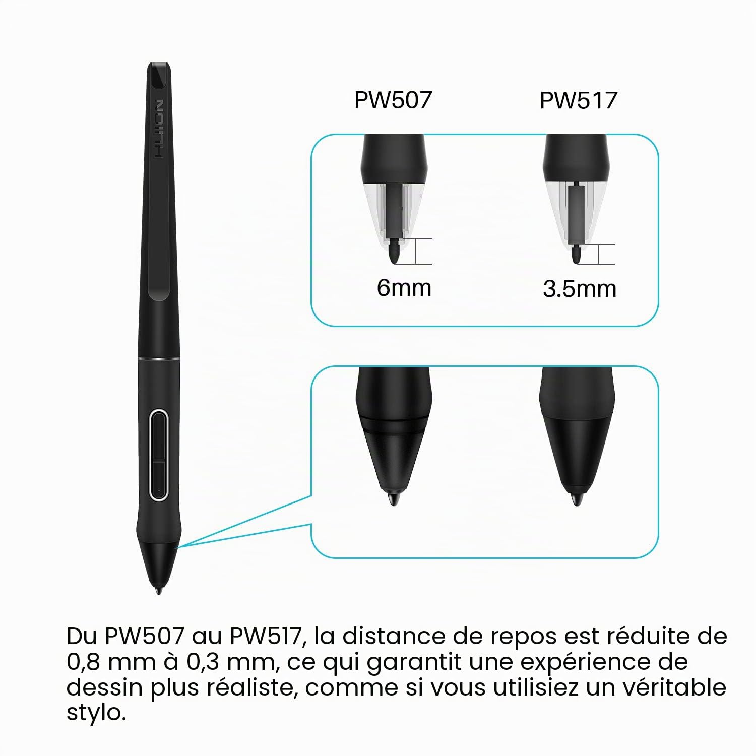 HUION Pen sans Batterie PW517 Compatible avec l'écran à Stylet Kamvas 13 et Kamvas Pro 24