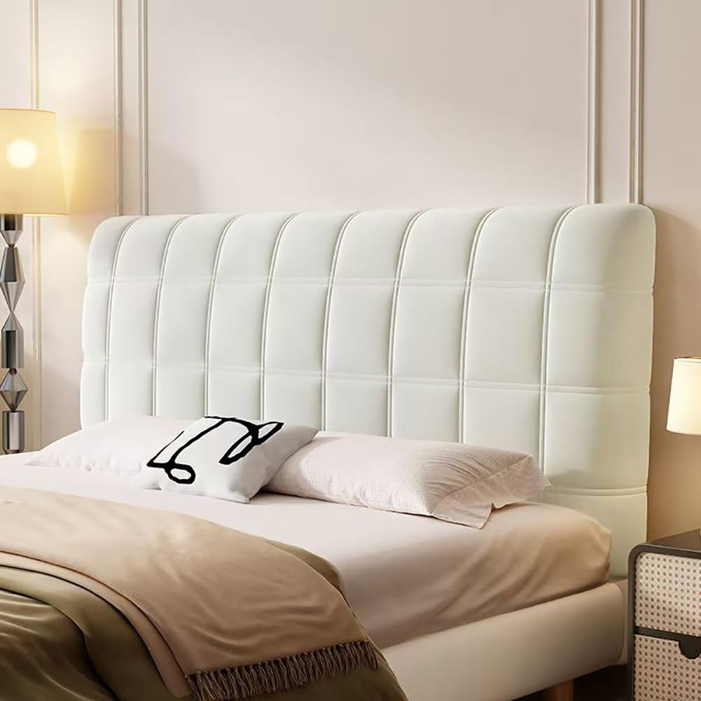 Scumlovy All-inclusive Bed Head Cover ，Bed Headboard Protector Padded Velvet Dustproof Stretch Solid Color Quilted Covers， For Twin Queen Full California King Size Beds(BeigeWhite,170cm(66.9inch