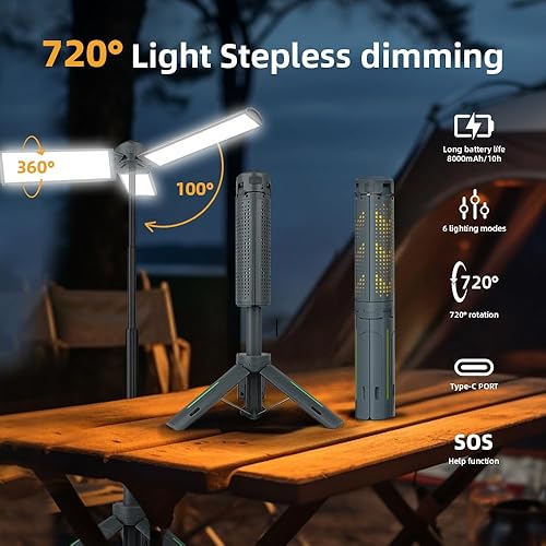 Miniatura 4 de Luz recargable de 8000 mAh para acampar y trabajar con soporte ajustable de 3.4 pies, luz de trabajo inalámbrica de 3000 lúmenes con 3 cabezales