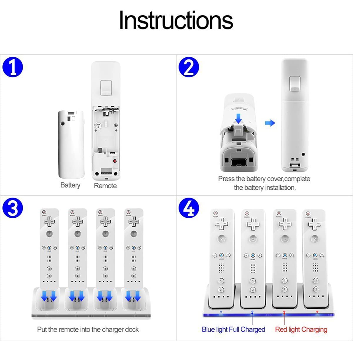 Stazione di Ricarica per Controller Wii, con 4 Batterie Ricaricabili da 2800 mAh e Indicatori a LED, Caricatore Wiimote per Wii Supporto di Ricarica per Telecomando Wii, Bianco