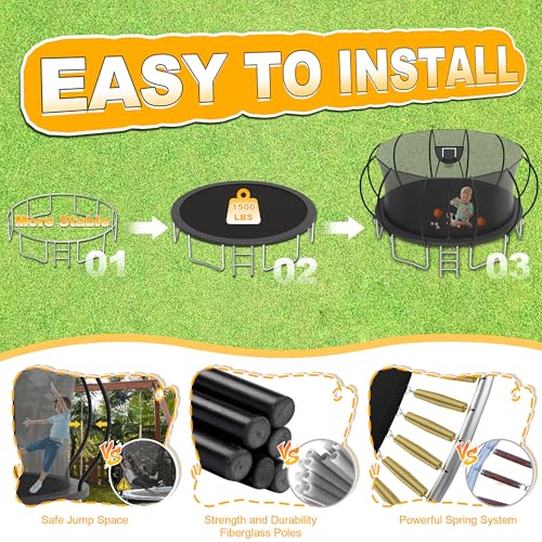 1500LBS Tranpoline Outdoor 8 10 12 14 16FT Tranpoline for Kids and Adults,【Easy to Install & Built to Last】 Recreational Tranpolines with Net, Light+Sprinkler, Basketball Hoop, ASTM Approved